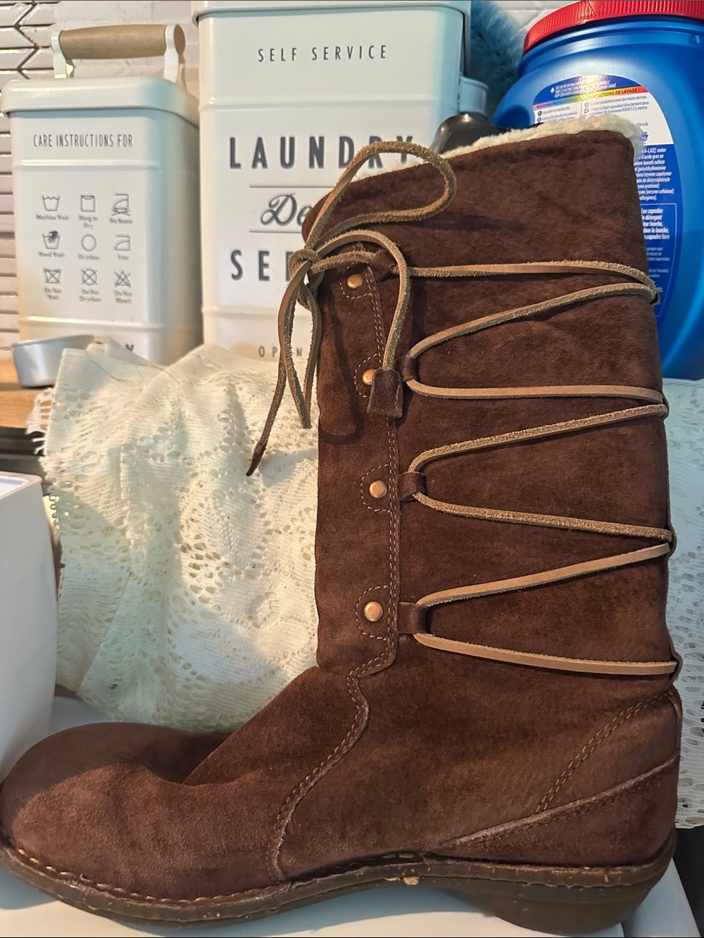 UGG Brown Lace-Up Shearling-Trim Suede Boot - Picture 2 of 7